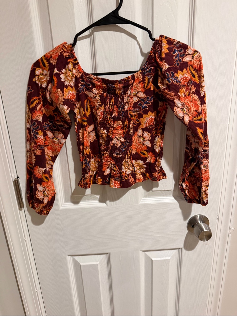 Old Navy Burgundy Floral Smocked Puff-Sleeve Crop Top